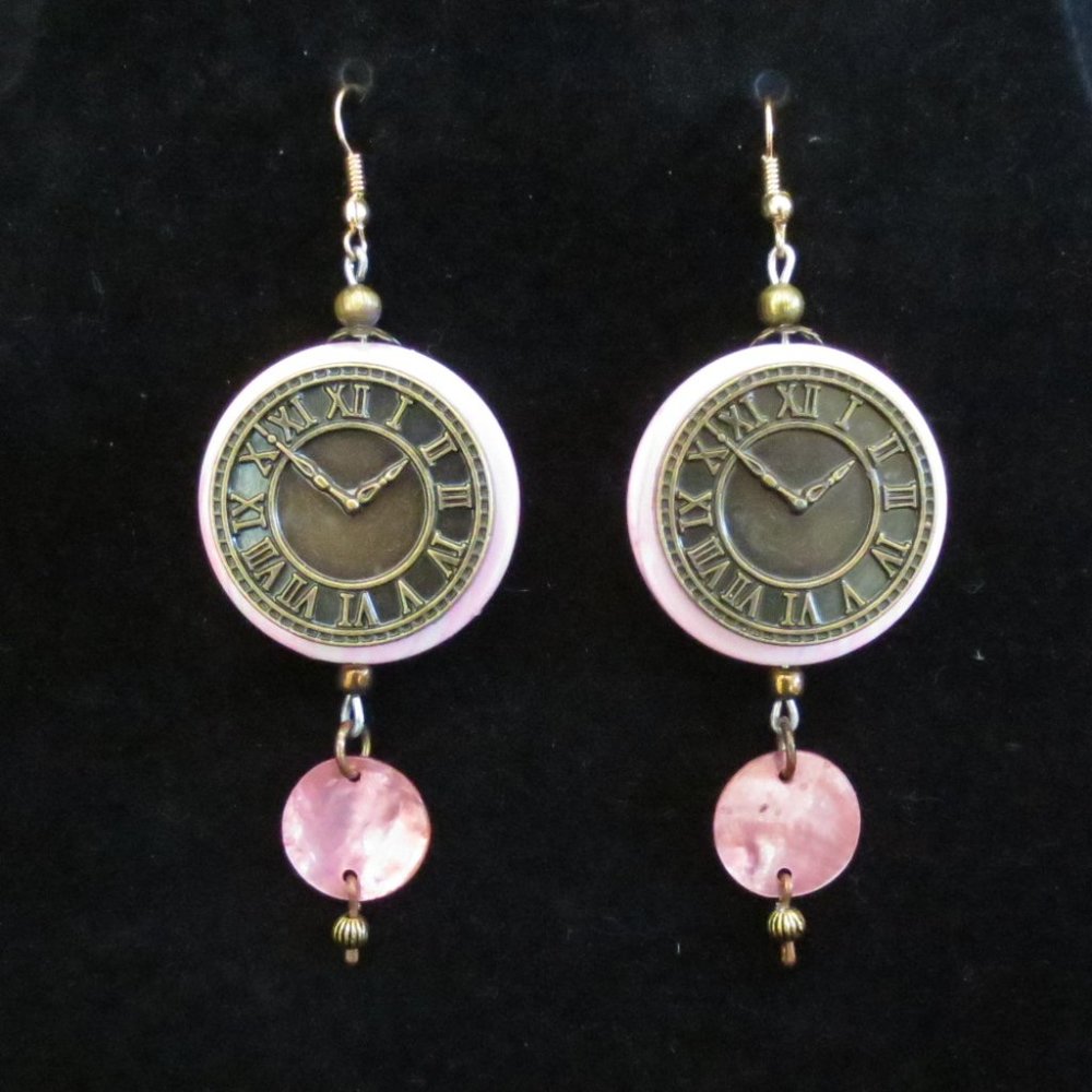 Handcrafted Earrings Pierced Steampunk Pink Clock Lightweight Dangle Statement